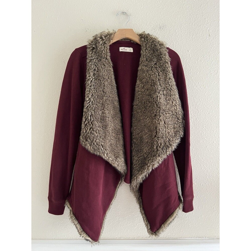 Hollister Y2K Womens S Burgundy Faux Fur Trim Drape Front Cardigan Jumper